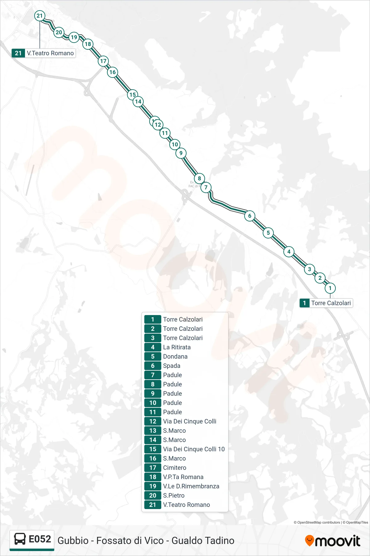 E052 bus Line (Torre Calzolari→Via Teatro Romano) route and stops on a map