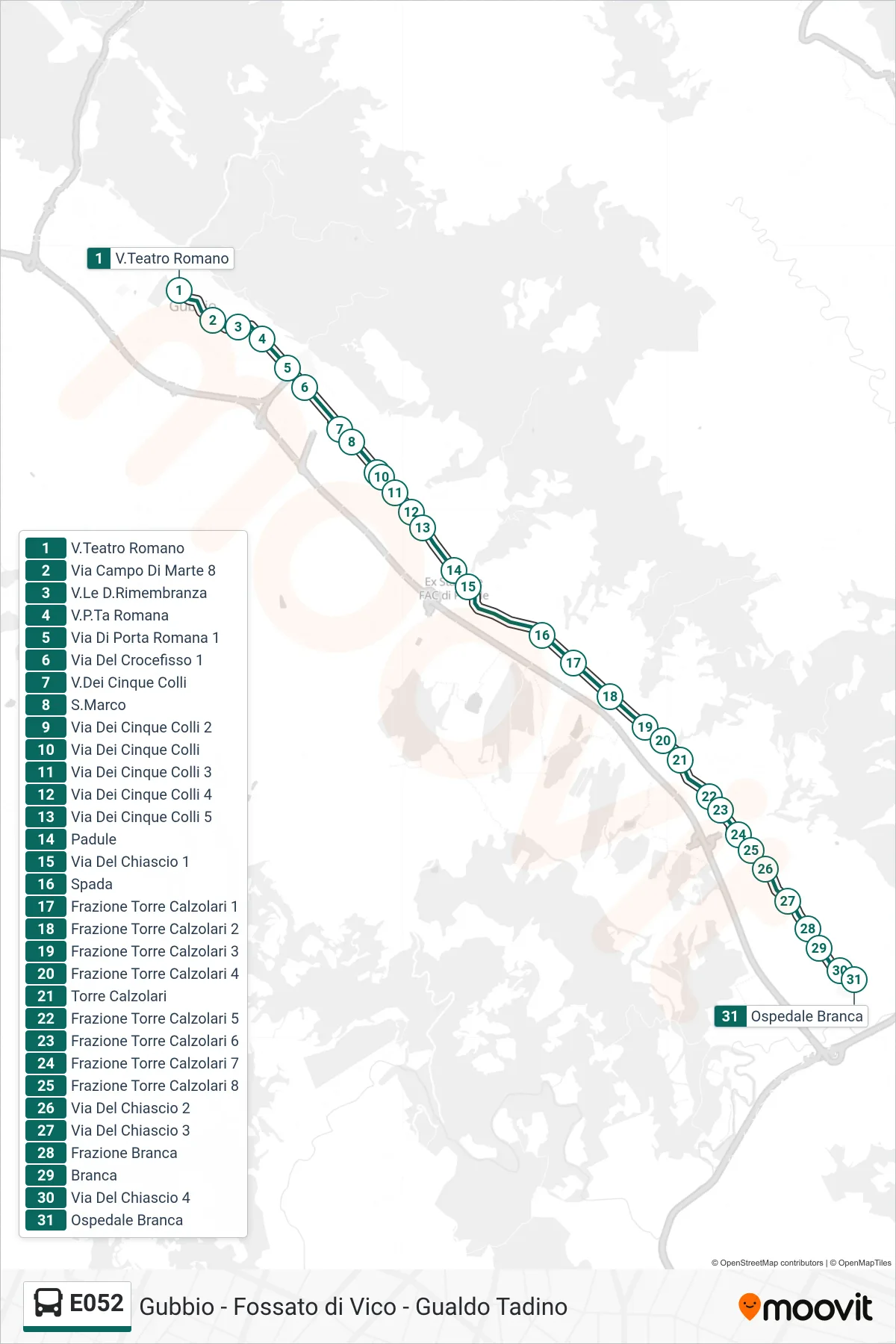 E052 bus Line (Via Teatro Romano→Branca Hospital) route and stops on a map