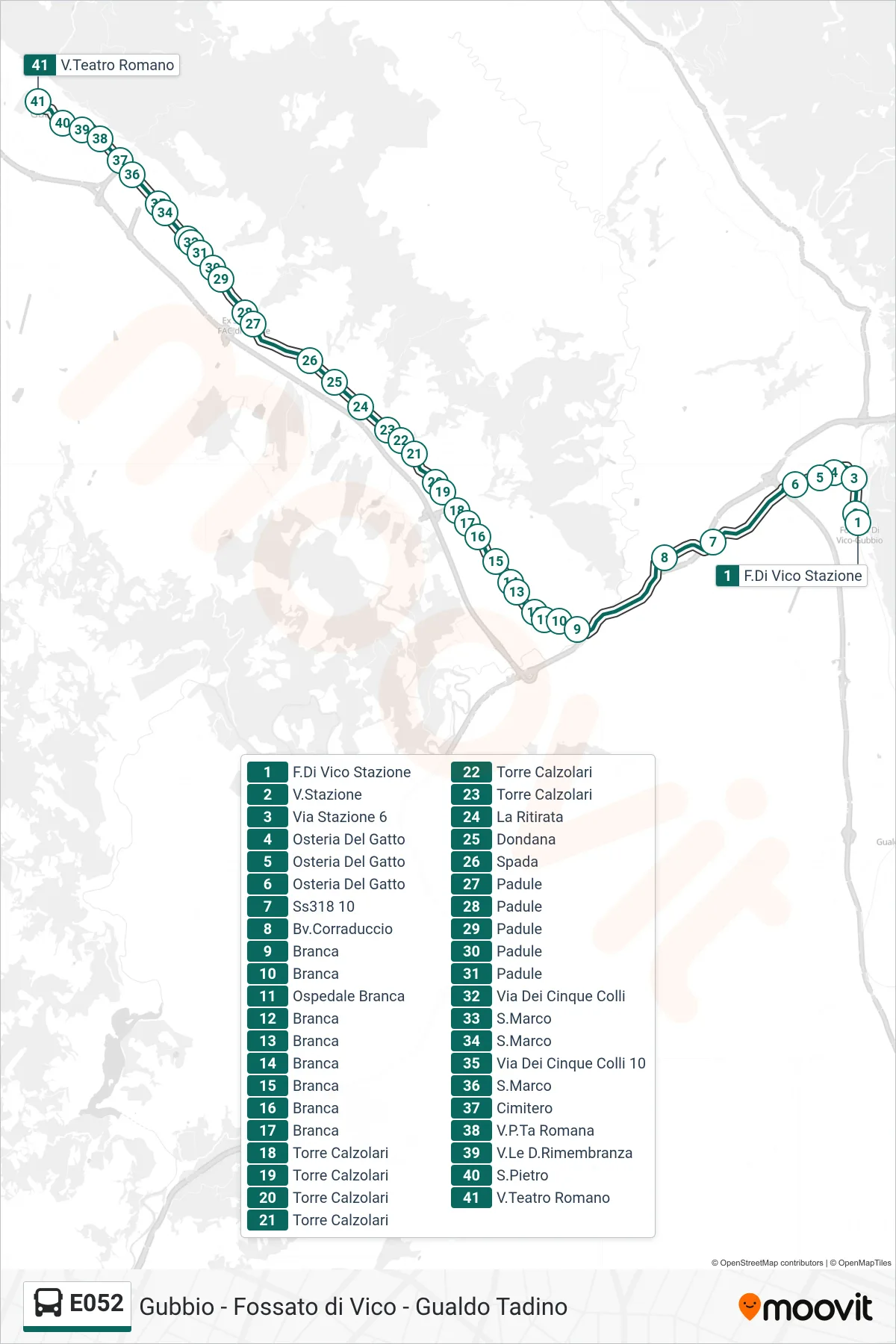 E052 bus Line (F. Di Vico Station‎→Via Teatro Romano) route and stops on a map