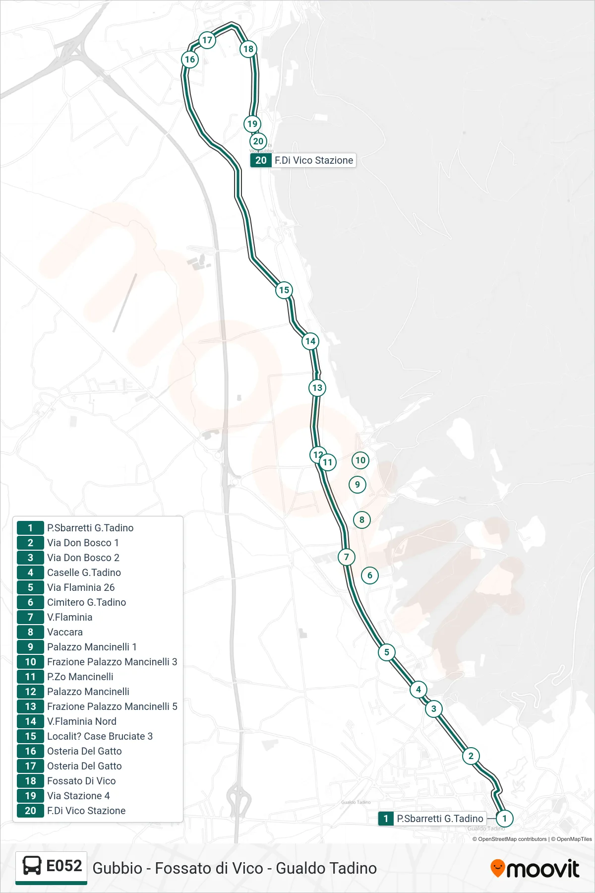 E052 bus Line (P.Sbarretti G.Tadino→F. Di Vico Station) route and stops on a map