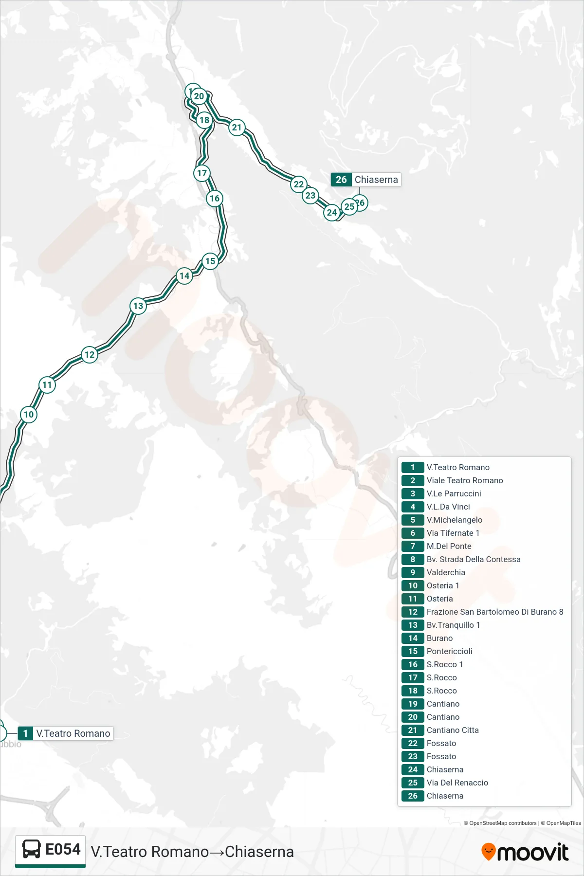 Linea E054  bus (V.Teatro Romano‎→Chiaserna) - Percorsi e fermate sulla mappa