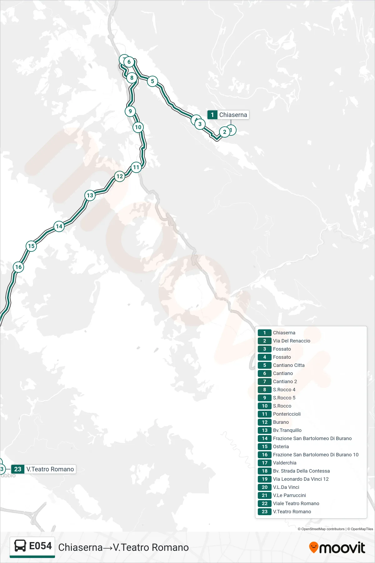 Linea E054  bus (Chiaserna‎→V.Teatro Romano) - Percorsi e fermate sulla mappa