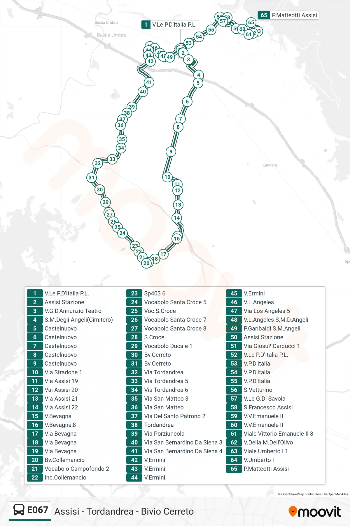 E067 bus Line (Viale Porta D'Italia Railway‎→Piazza Matteotti Assisi) route and stops on a map