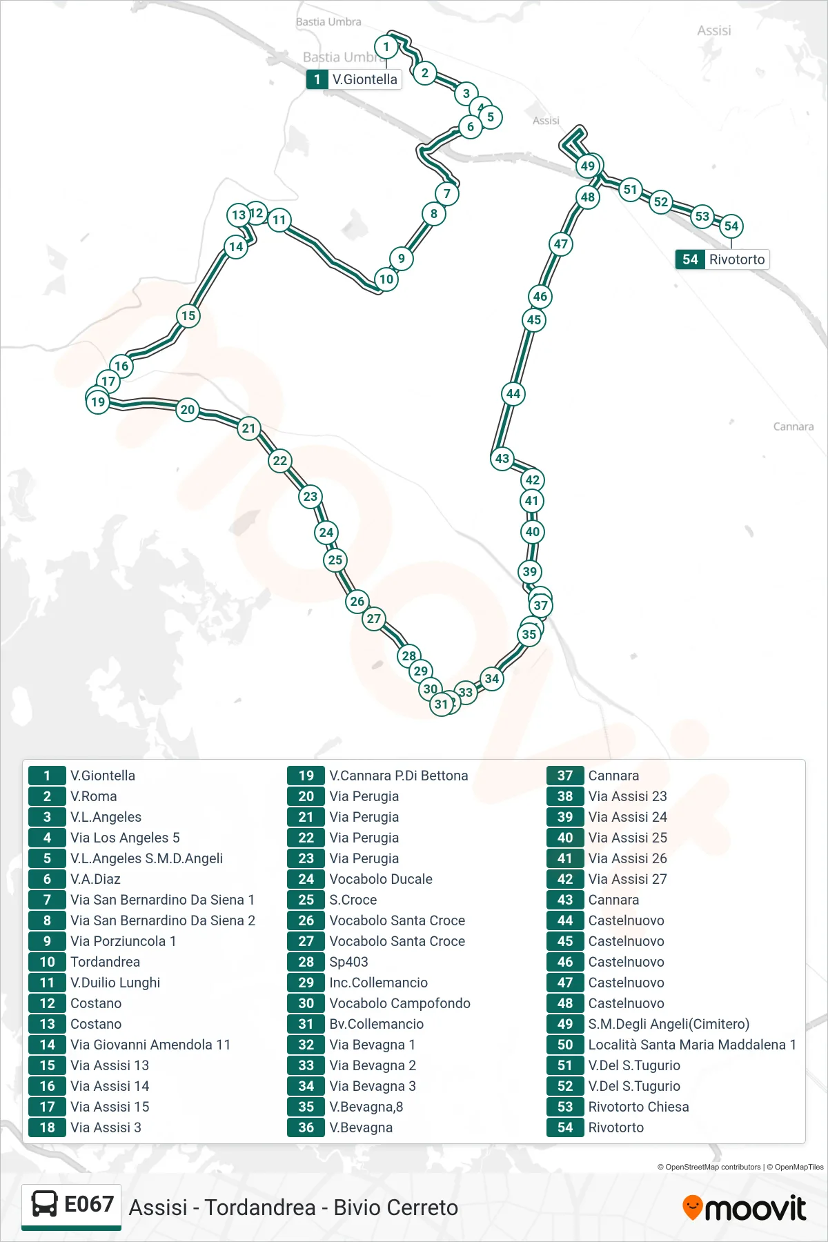 Linea E067 bus (V.Giontella→Rivotorto) - Percorsi e fermate sulla mappa