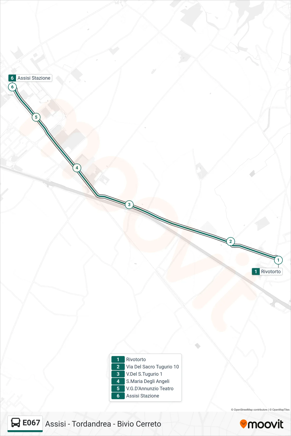 E067 bus Line (Rivotorto→Assisi Station) route and stops on a map