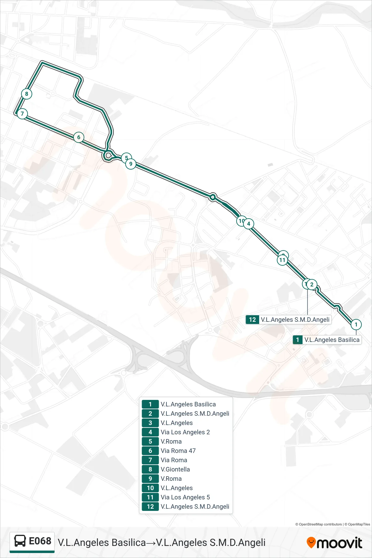 E068 bus Line (Los Angeles Street Basilica→Via Los Angeles Santa Maria Degli Angeli) route and stops on a map
