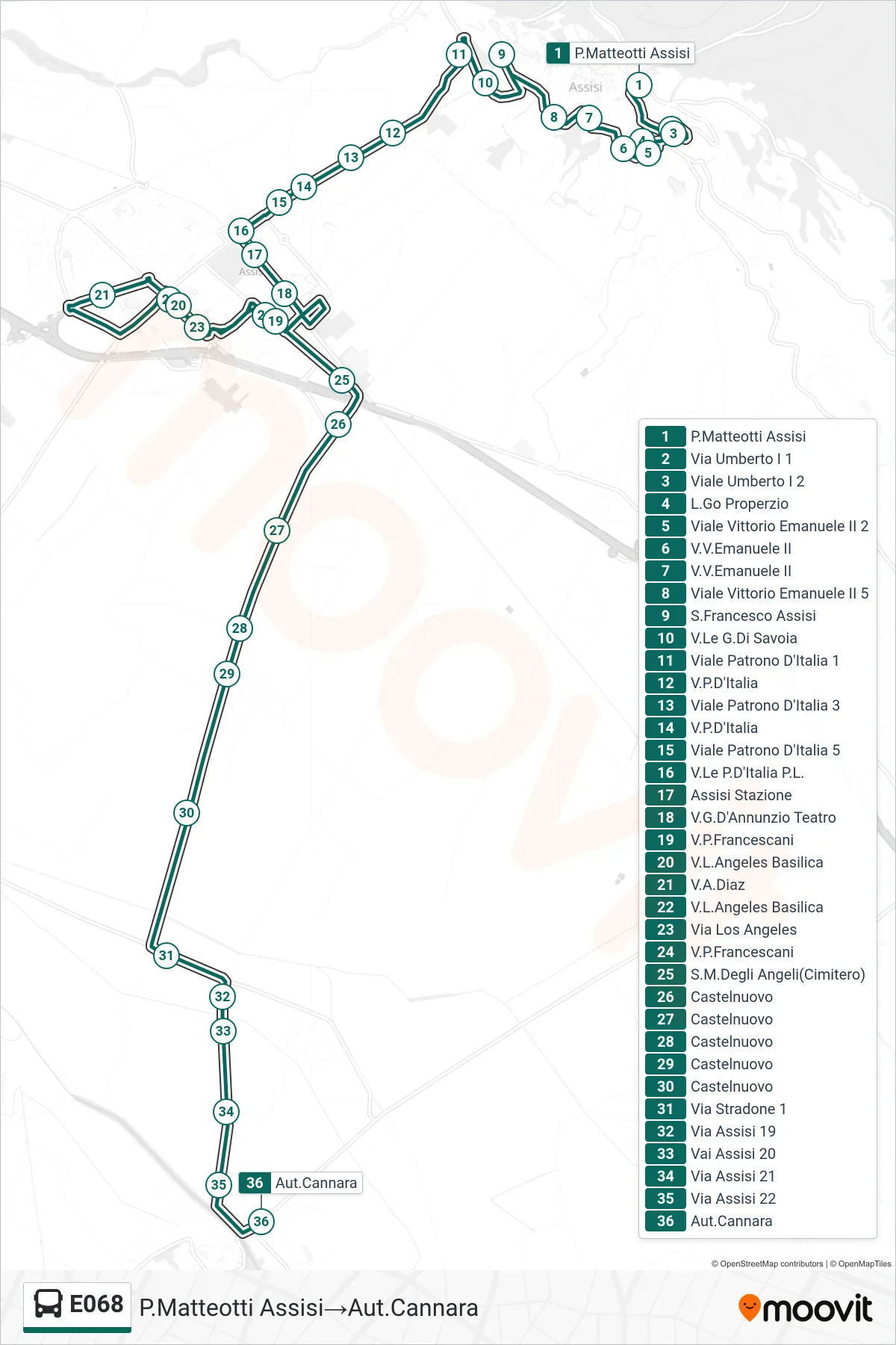 E068 bus Line (Piazza Matteotti Assisi‎→Cannara Terminal) route and stops on a map