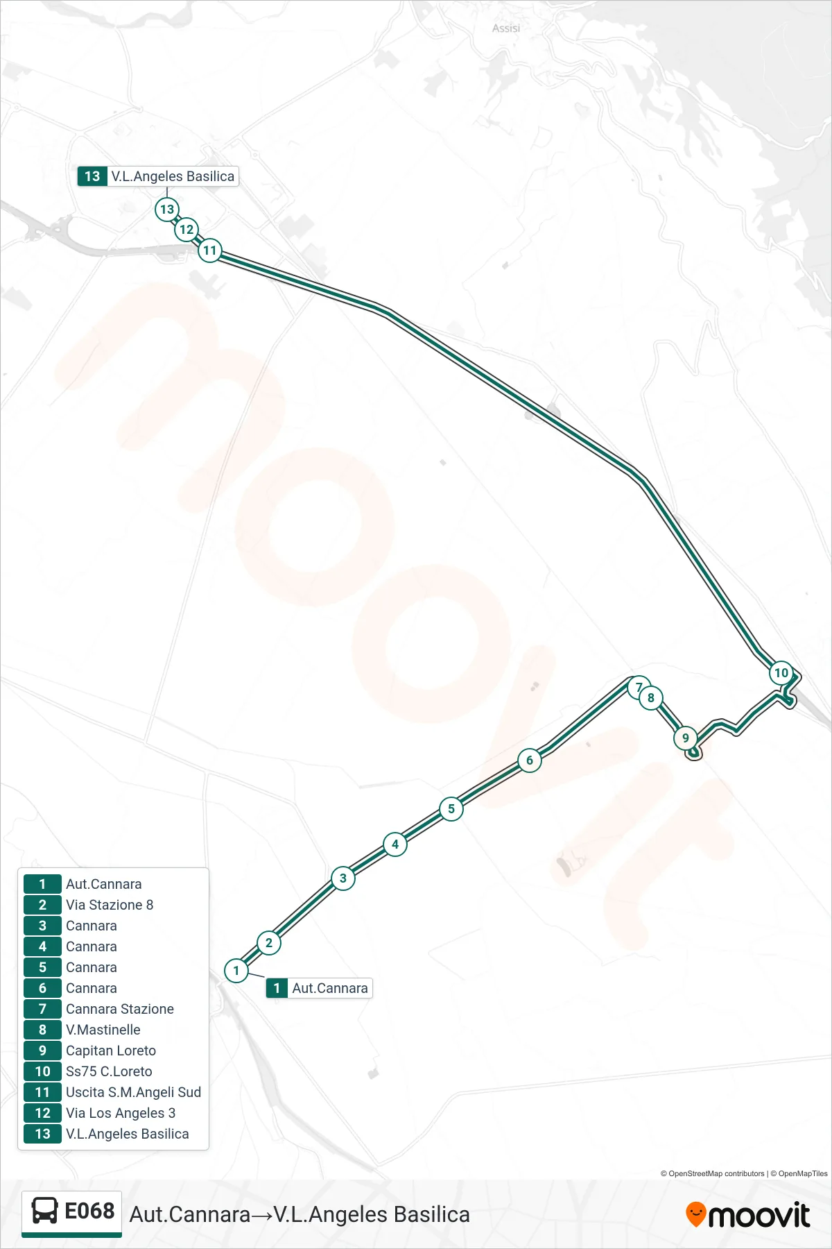 E068 bus Line (Cannara Terminal→Los Angeles Street Basilica) route and stops on a map