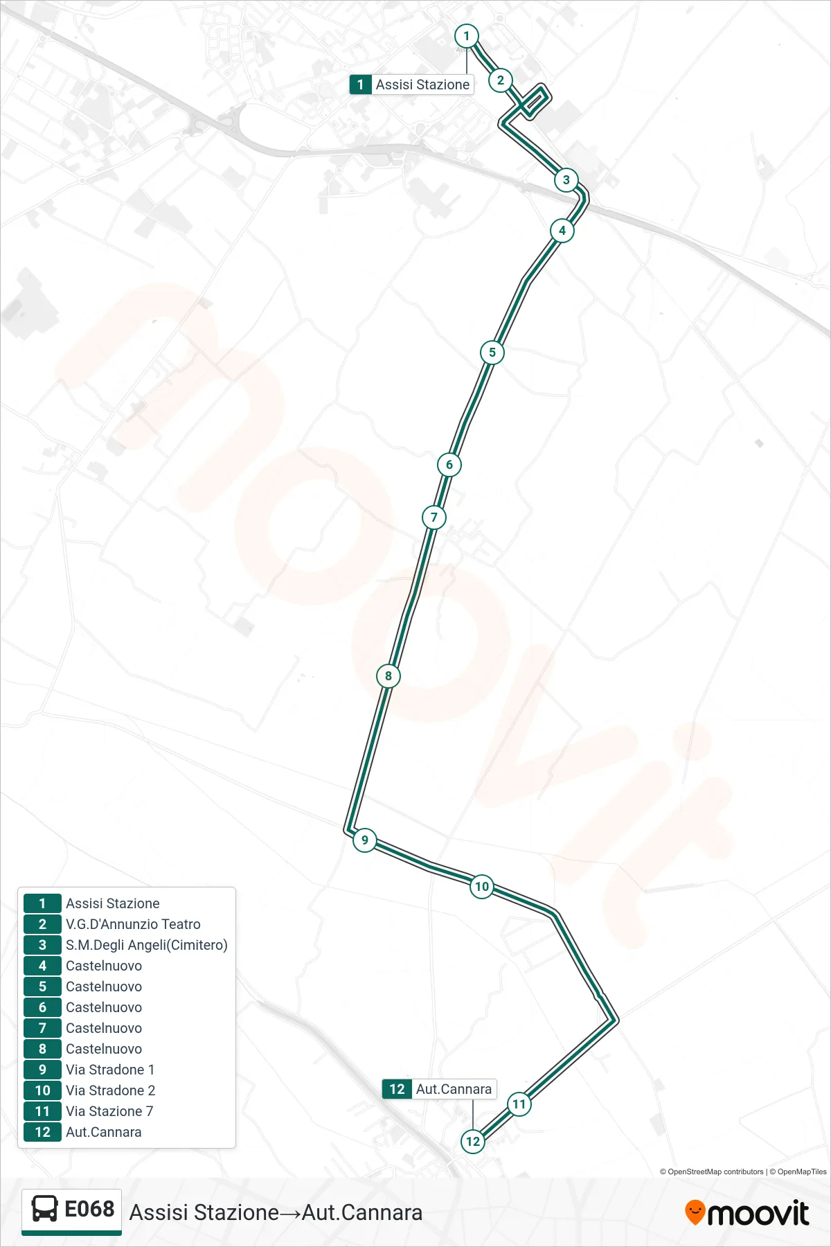 Linea E068 bus (Assisi Stazione→Aut.Cannara) - Percorsi e fermate sulla mappa