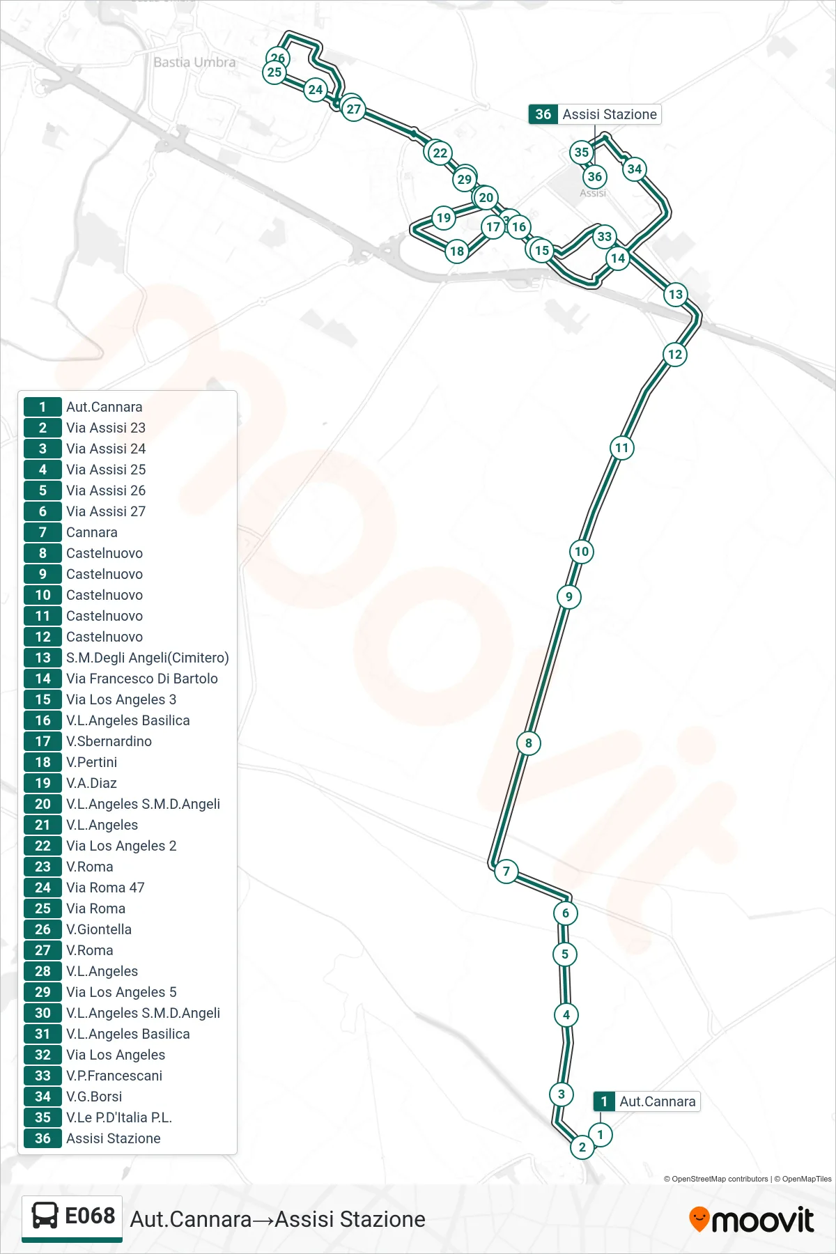 E068 bus Line (Cannara Terminal‎→Assisi Station) route and stops on a map