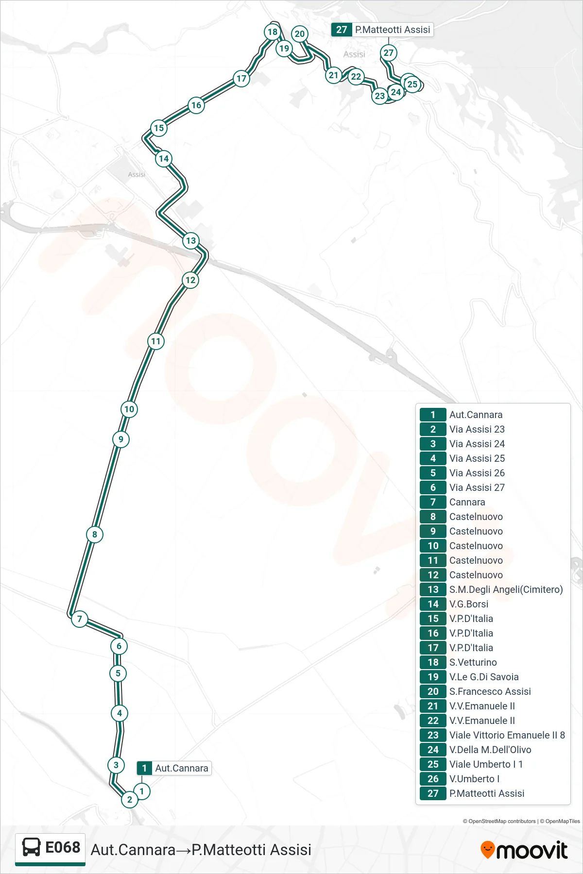 Linea E068  bus (Aut.Cannara‎→P.Matteotti Assisi) - Percorsi e fermate sulla mappa
