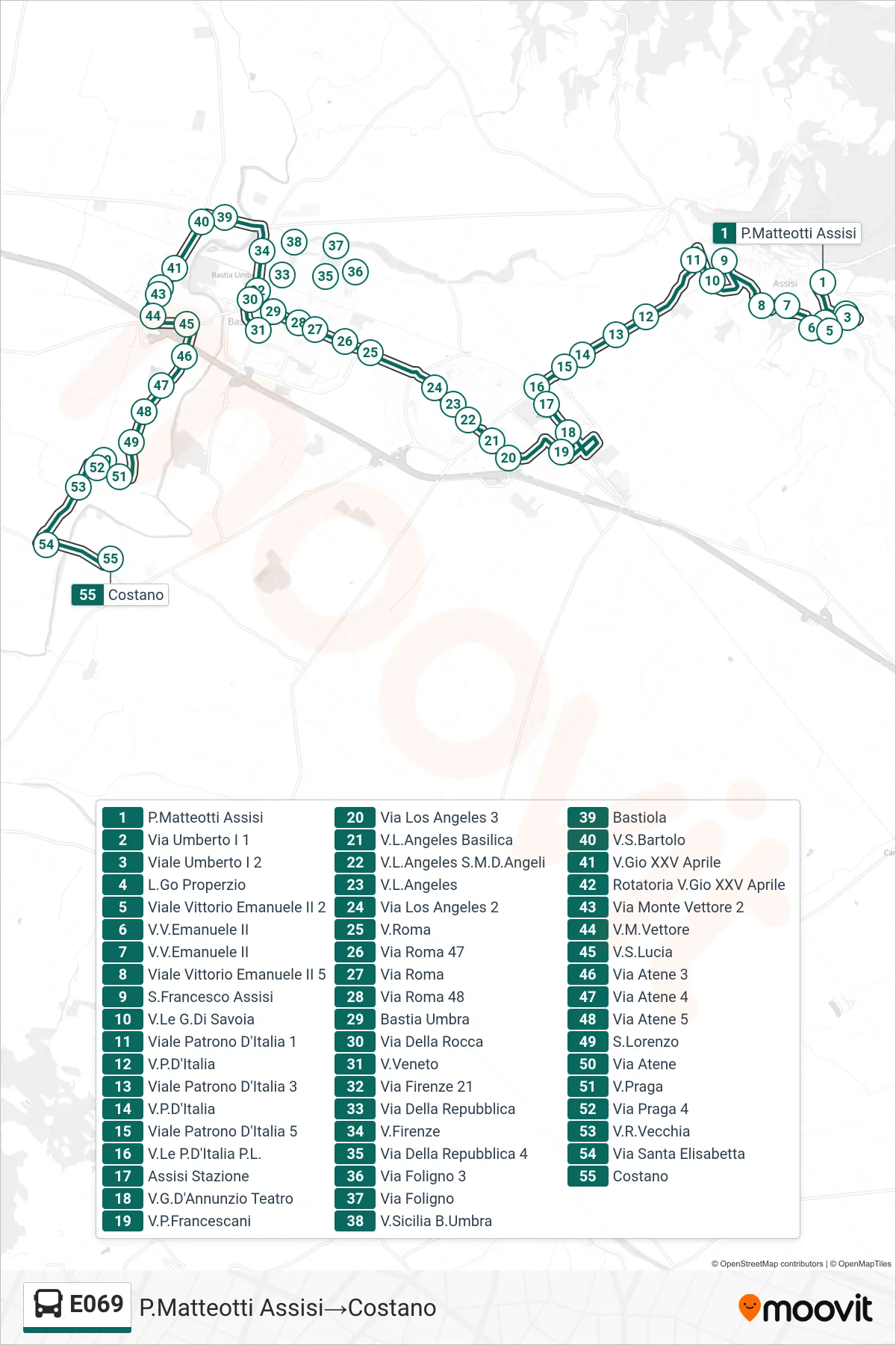 Linea E069 bus (P.Matteotti Assisi→Costano) - Percorsi e fermate sulla mappa