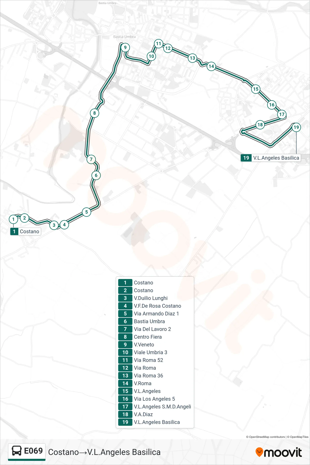 Linea E069 bus (Costano→V.L.Angeles Basilica) - Percorsi e fermate sulla mappa