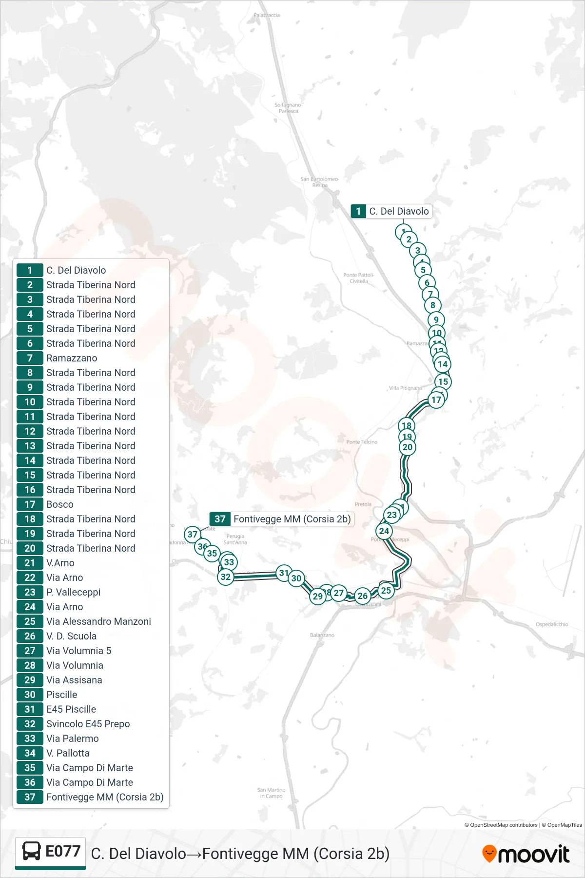Linea E077  bus (C. Del Diavolo‎→Fontivegge M​M (Corsia 2b)) - Percorsi e fermate sulla mappa