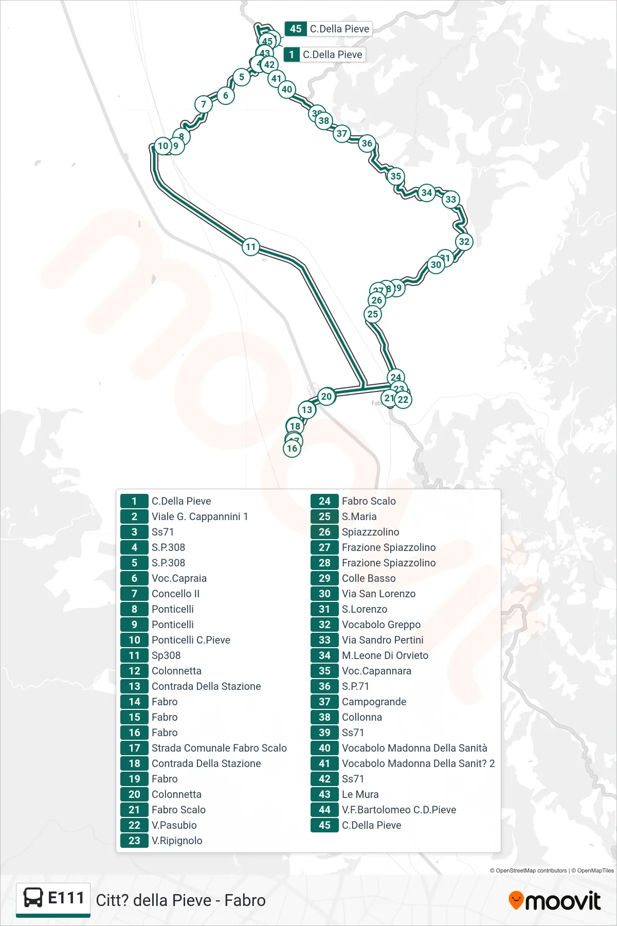 Linea E111 bus (C.Della Pieve→C.Della Pieve) - Percorsi e fermate sulla mappa