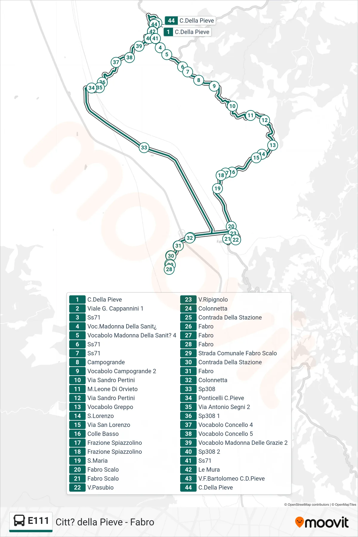 Linea E111  bus (C.Della Pieve‎→C.Della Pieve) - Percorsi e fermate sulla mappa