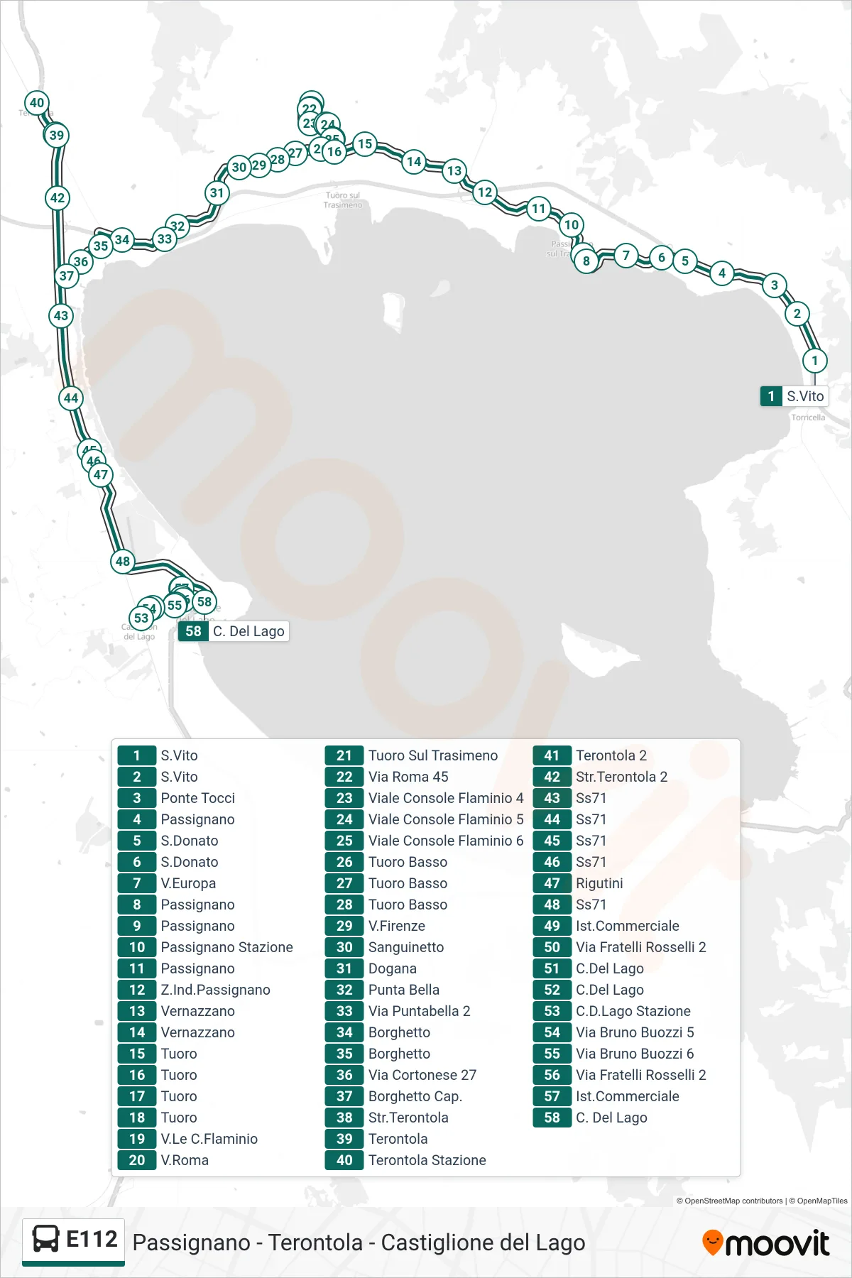 Linea E112 bus (S.Vito→C. Del Lago) - Percorsi e fermate sulla mappa