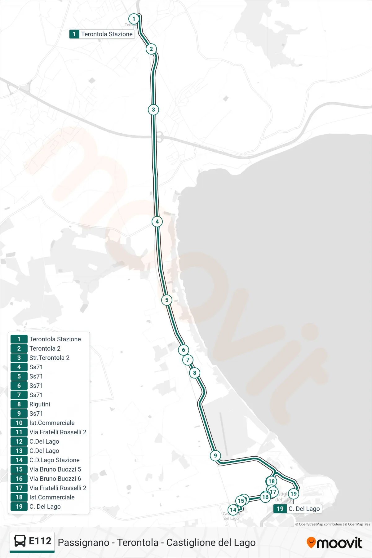 E112 bus Line (Terontola Station→Castiglione del Lago) route and stops on a map