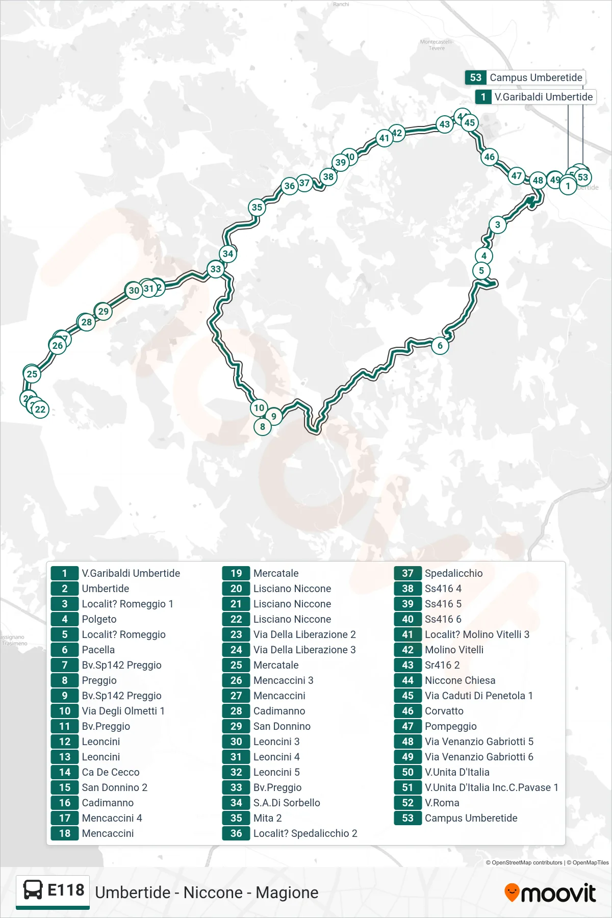 Linea E118  bus (V.Garibaldi Umbertide‎→Campus Umberetide) - Percorsi e fermate sulla mappa