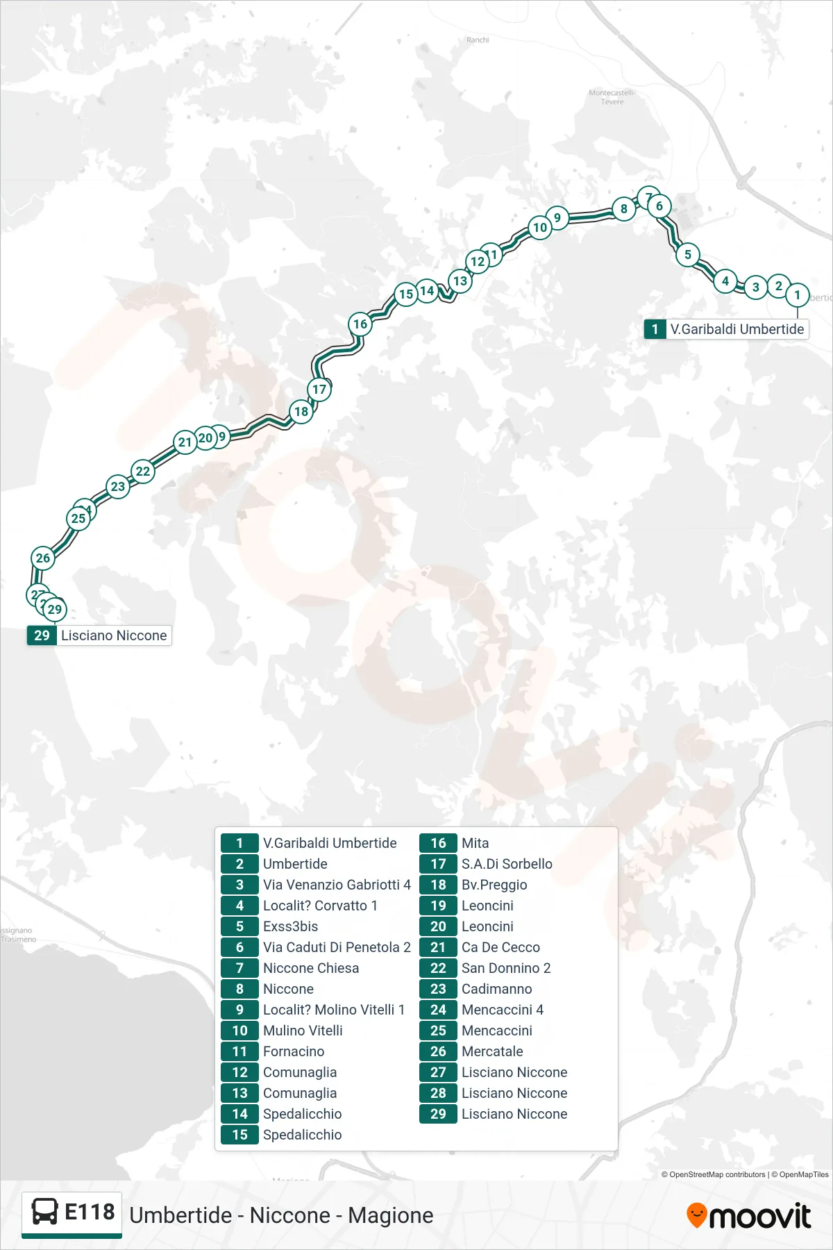 Linea E118  bus (V.Garibaldi Umbertide‎→Lisciano Niccone) - Percorsi e fermate sulla mappa