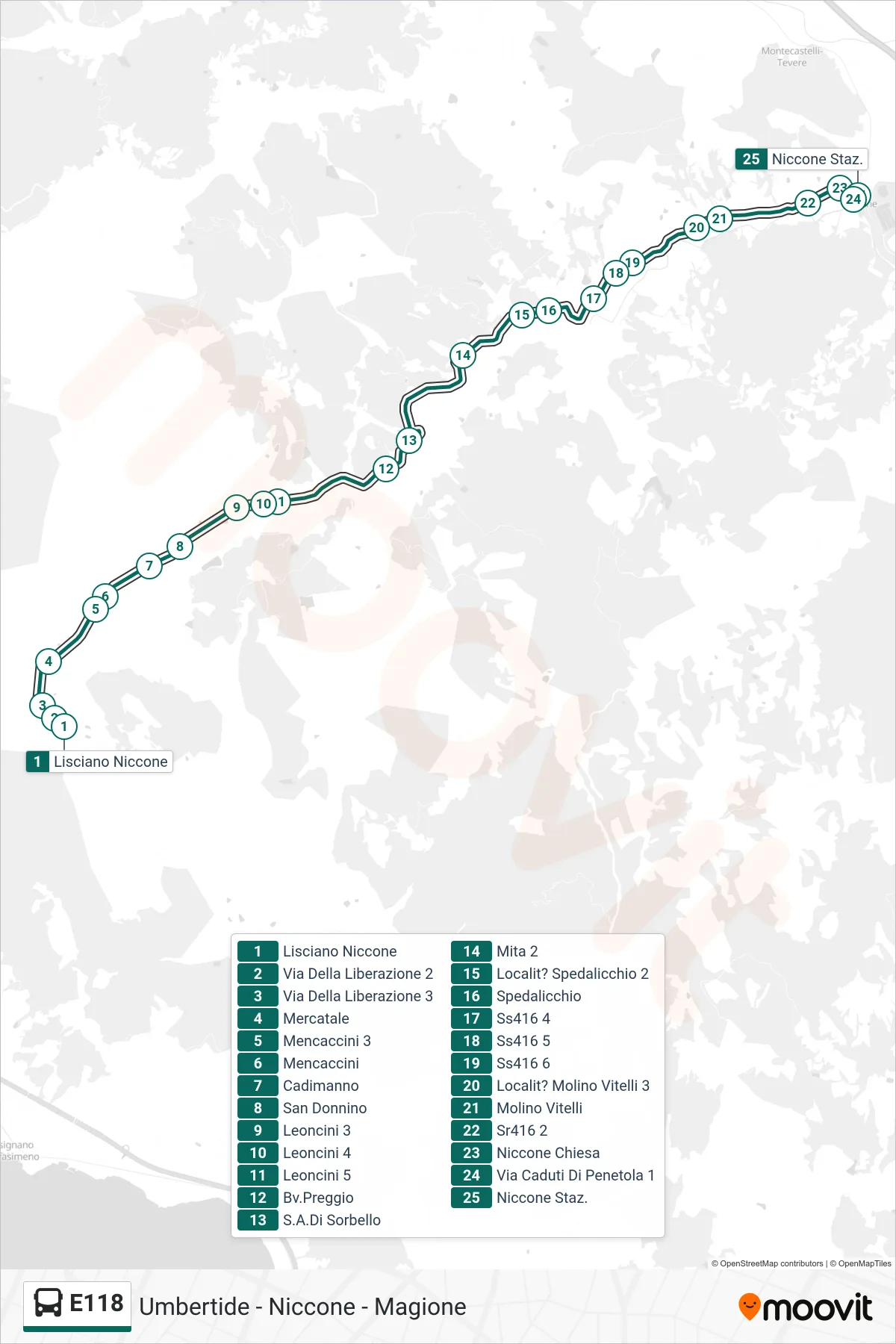 E118 bus Line (Lisciano Niccone→Niccone Station) route and stops on a map