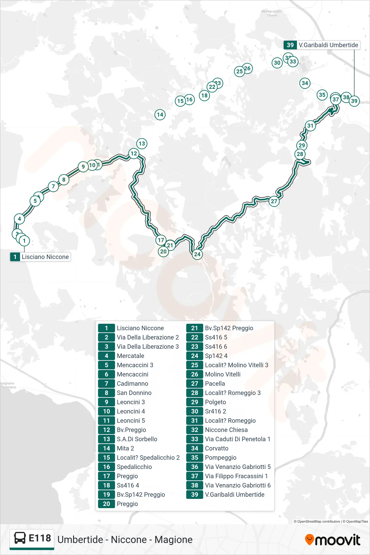 Linea E118 bus (Lisciano Niccone→V.Garibaldi Umbertide) - Percorsi e fermate sulla mappa