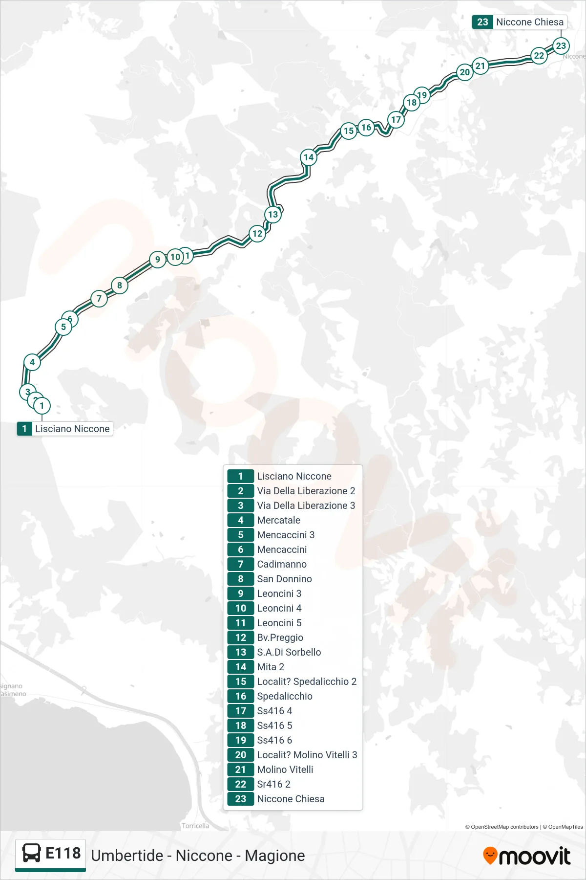 Linea E118 bus (Lisciano Niccone→Niccone Chiesa) - Percorsi e fermate sulla mappa