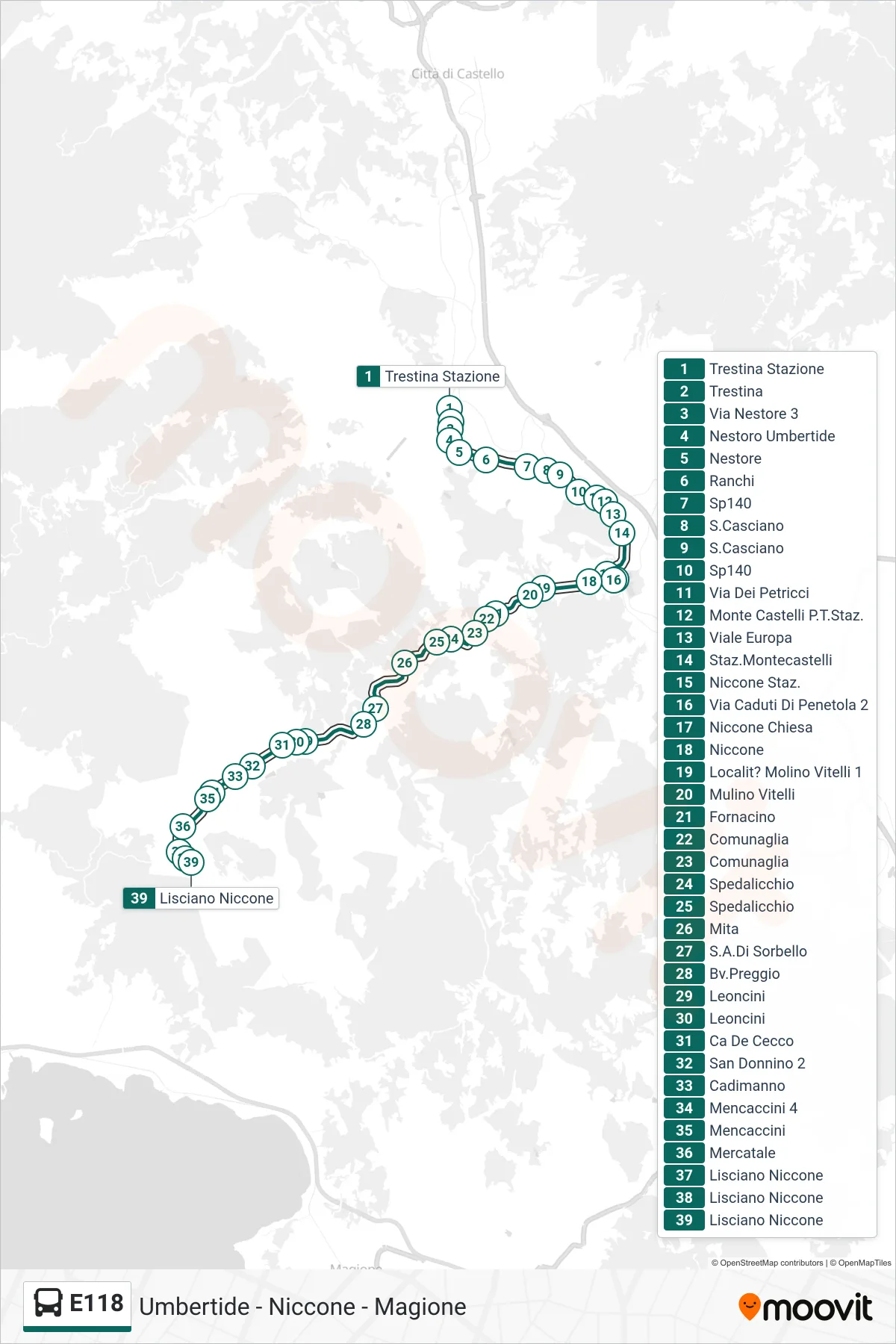 Linea E118  bus (Trestina Stazione‎→Lisciano Niccone) - Percorsi e fermate sulla mappa