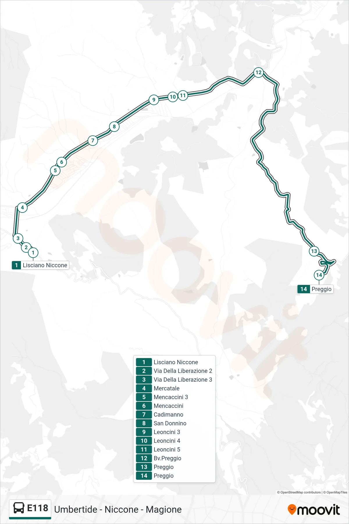 Linea E118 bus (Lisciano Niccone→Preggio) - Percorsi e fermate sulla mappa