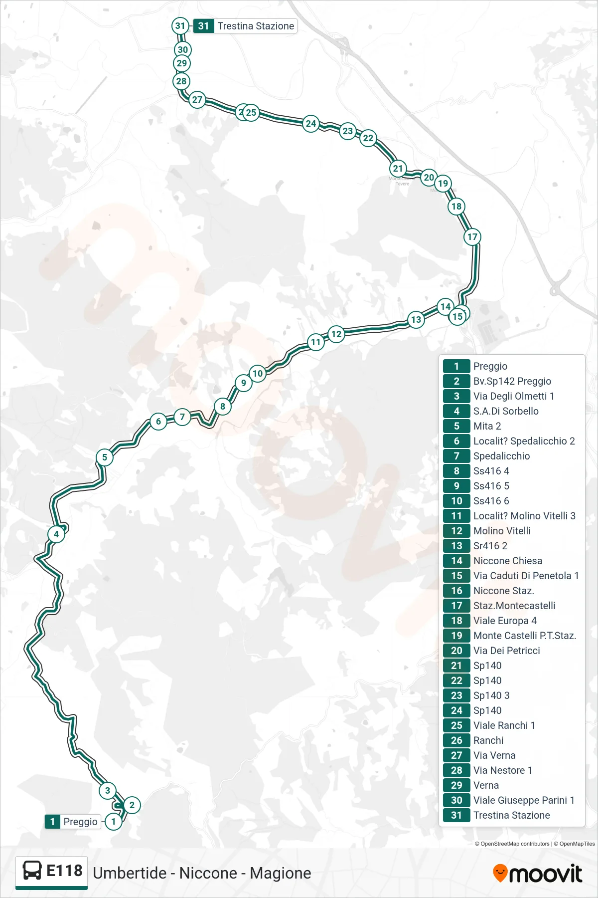 Linea E118 bus (Preggio→Trestina Stazione) - Percorsi e fermate sulla mappa