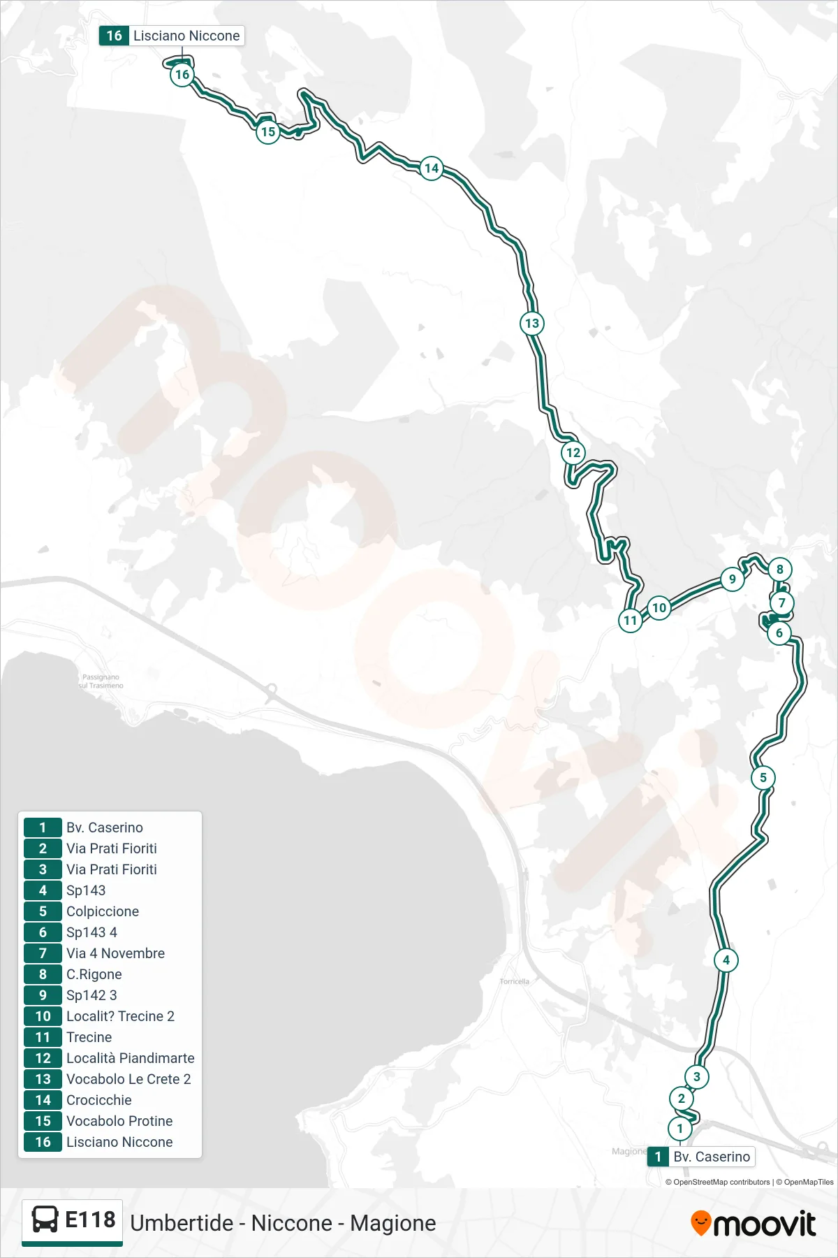 E118 bus Line (Bypass Caserino→Lisciano Niccone) route and stops on a map
