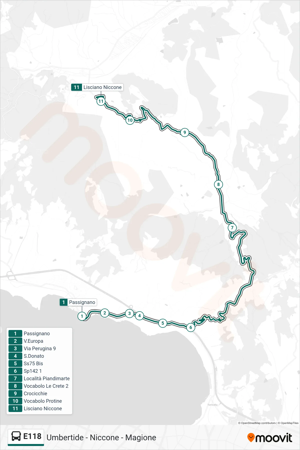 Linea E118 bus (Passignano→Lisciano Niccone) - Percorsi e fermate sulla mappa