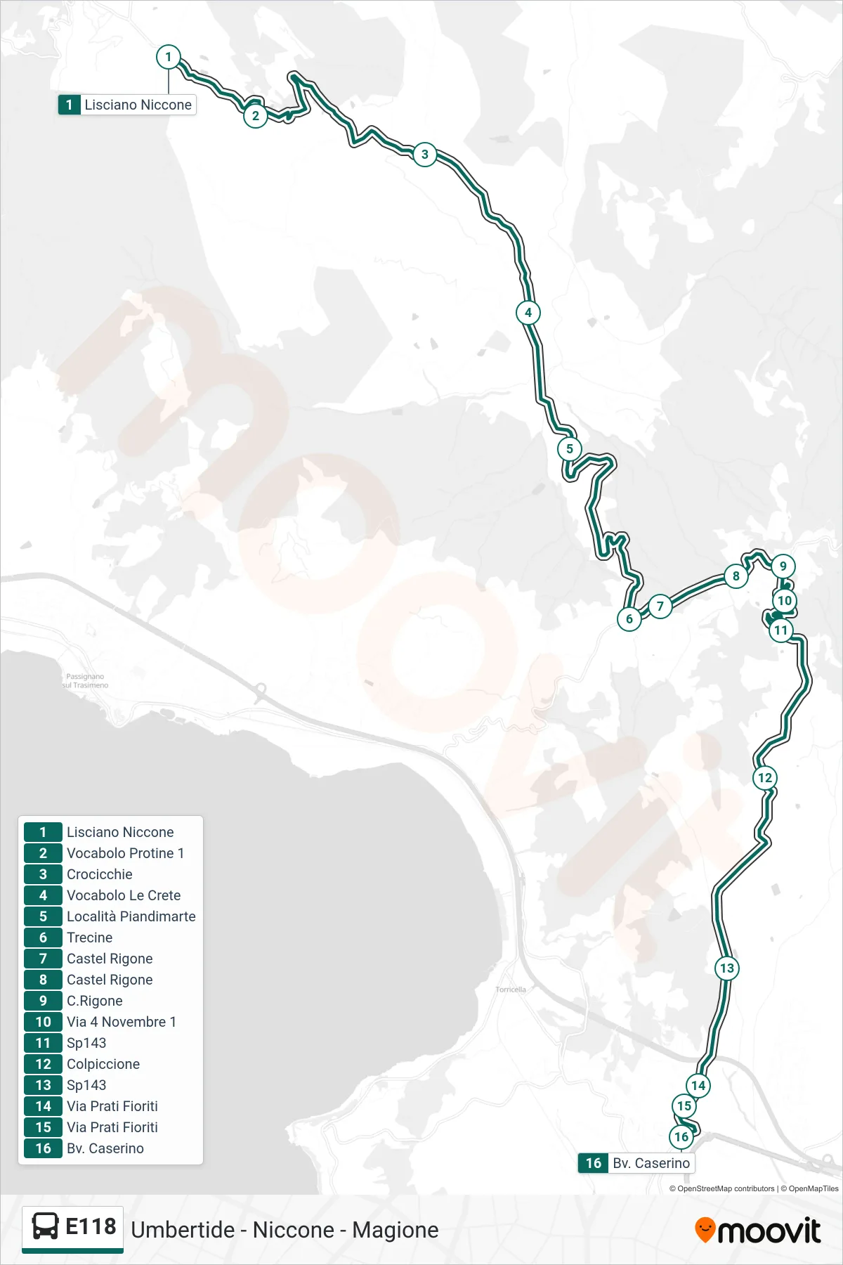 Linea E118 bus (Lisciano Niccone→Bv. Caserino) - Percorsi e fermate sulla mappa