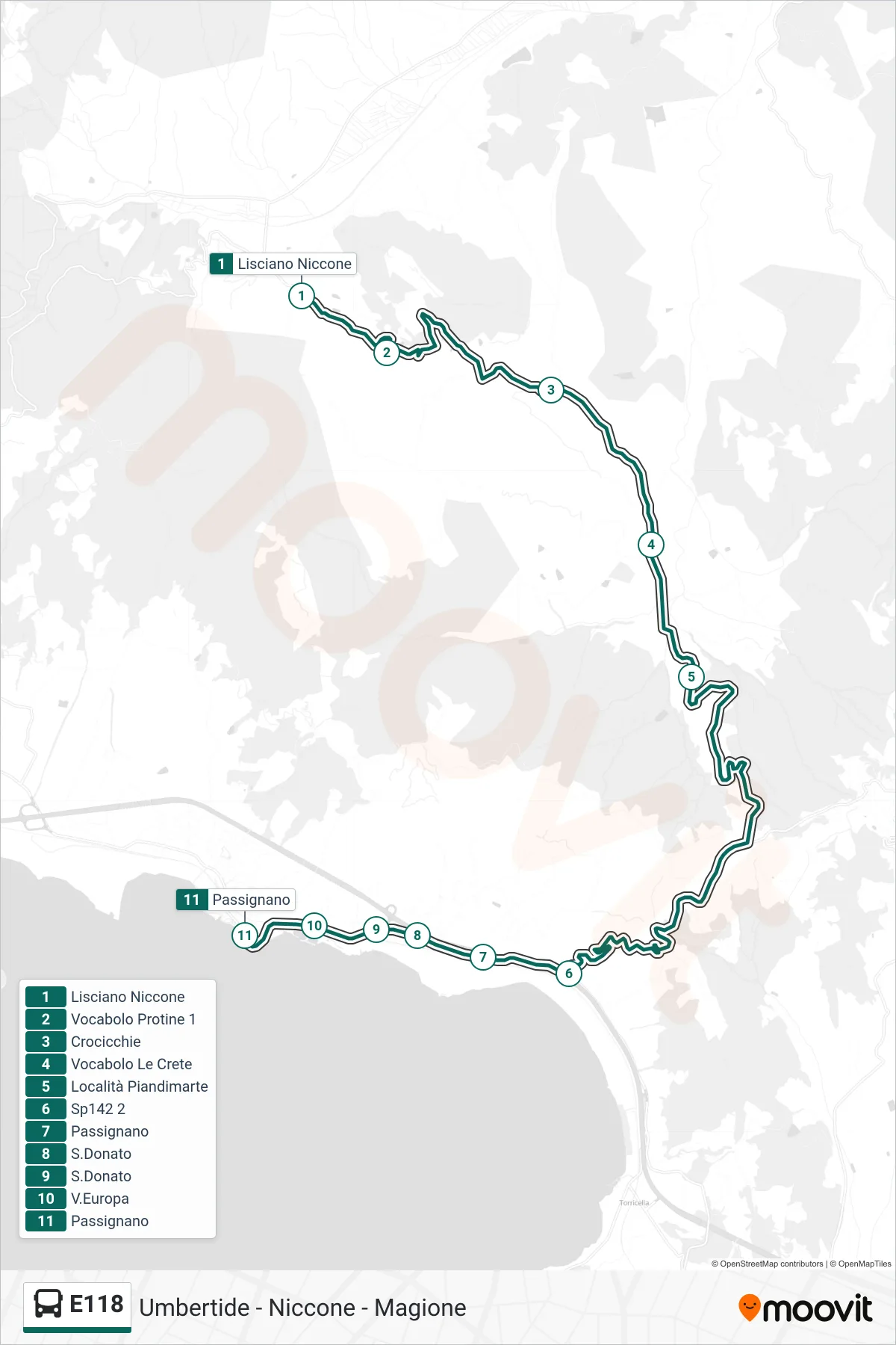 Linea E118  bus (Lisciano Niccone‎→Passignano) - Percorsi e fermate sulla mappa