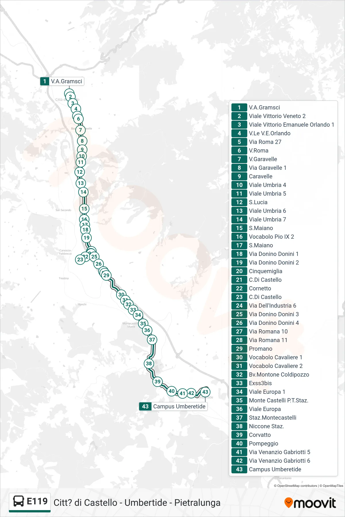 E119 bus Line (Gramsci Street‎→Campus Umberetide) route and stops on a map
