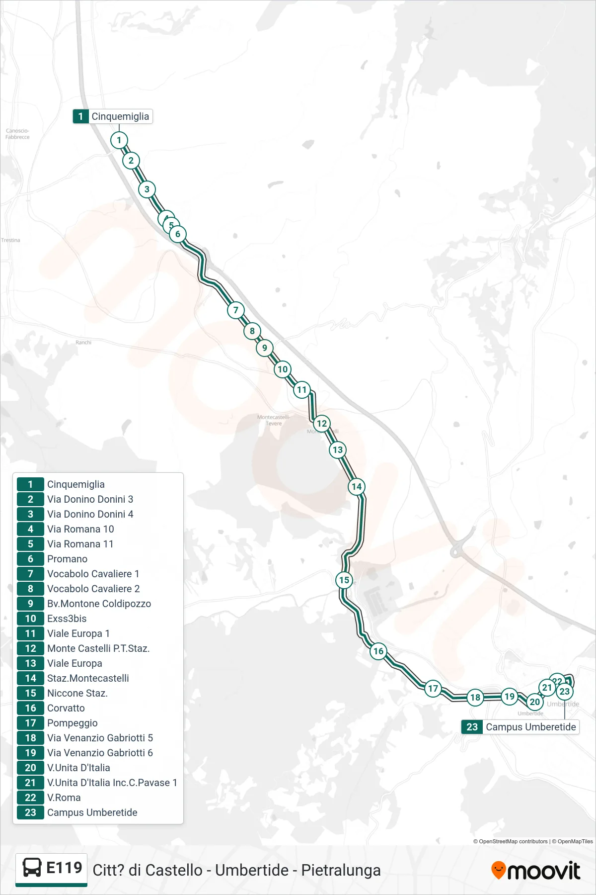 Linea E119  bus (Cinquemiglia‎→Campus Umberetide) - Percorsi e fermate sulla mappa