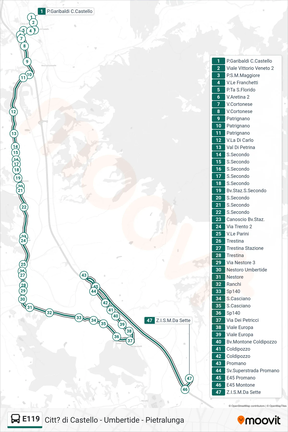 Linea E119 bus (P.Garibaldi C.Castello→Z.I.S.M.Da Sette) - Percorsi e fermate sulla mappa