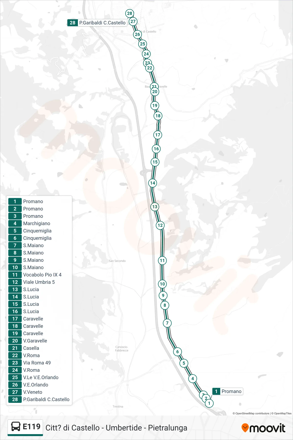 Linea E119  bus (Promano‎→P.Garibaldi C.Castello) - Percorsi e fermate sulla mappa