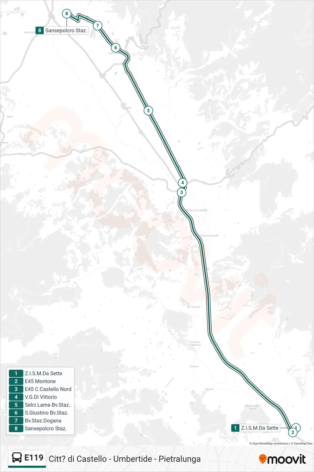 E119 bus Line (Z.I.S.M.Da Sette→Sansepolcro Station) route and stops on a map