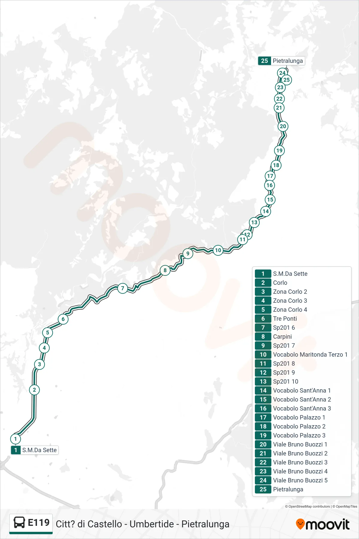 E119 bus Line (Santa Maria da Sette→Pietralunga) route and stops on a map