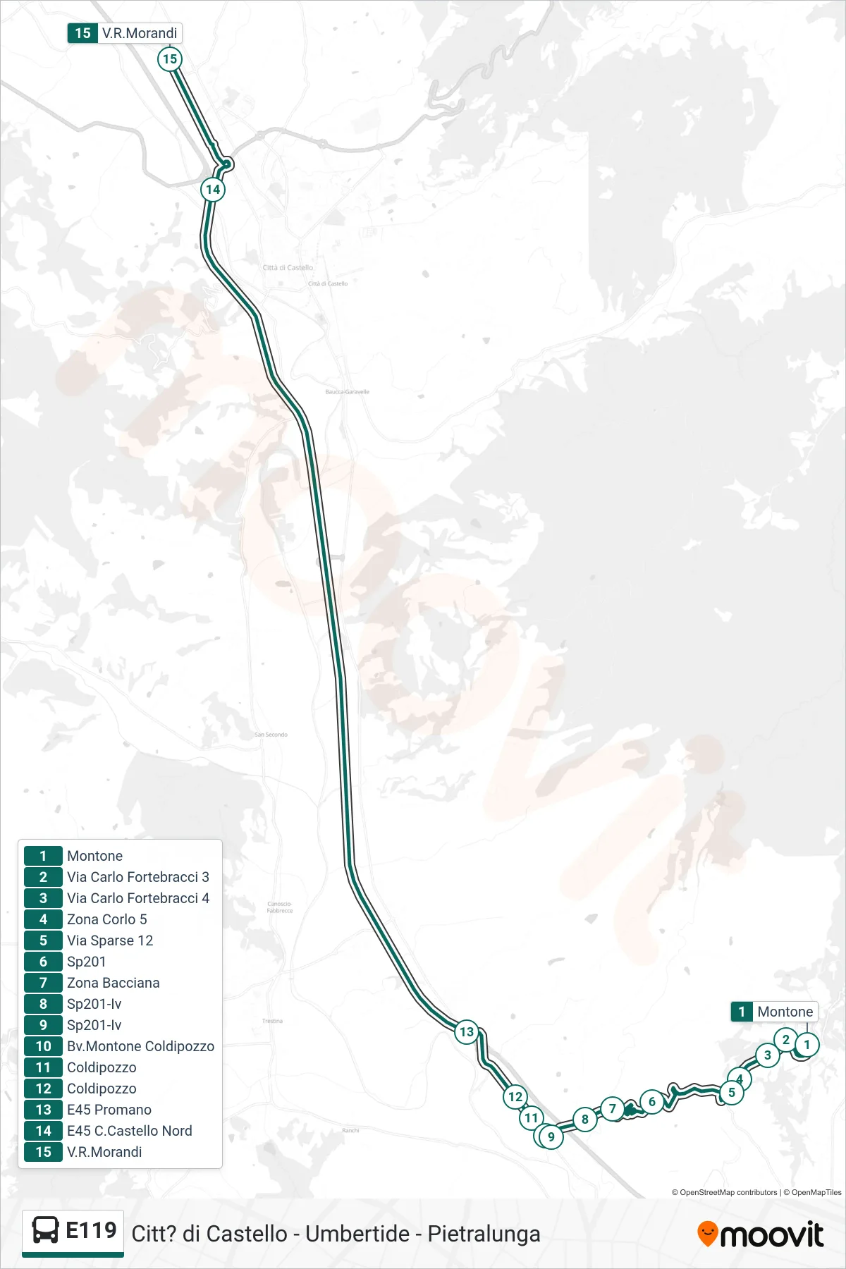 E119 bus Line (Montone‎→Via Morandi) route and stops on a map