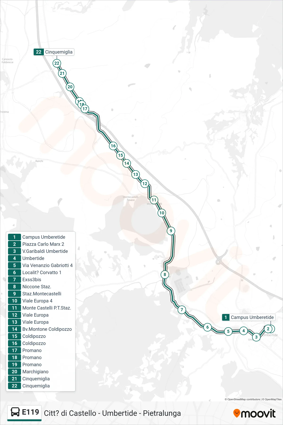 Linea E119  bus (Campus Umberetide‎→Cinquemiglia) - Percorsi e fermate sulla mappa