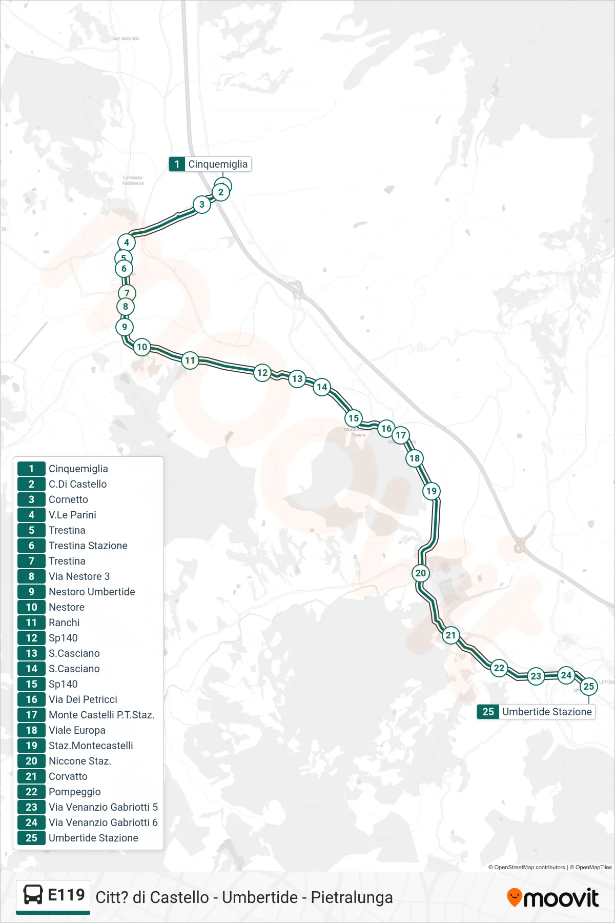 E119 bus Line (Cinquemiglia‎→Umbertide Station) route and stops on a map