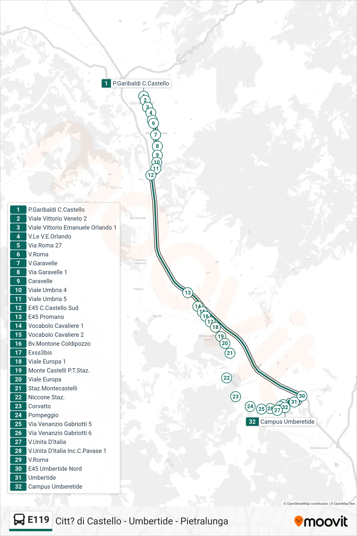 Linea E119  bus (P.Garibaldi C.Castello‎→Campus Umberetide) - Percorsi e fermate sulla mappa