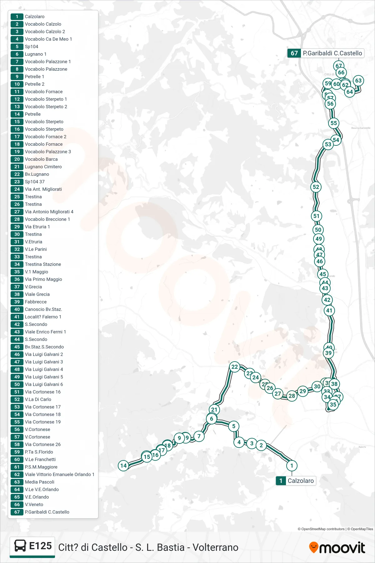 Linea E125  bus (Calzolaro‎→P.Garibaldi C.Castello) - Percorsi e fermate sulla mappa