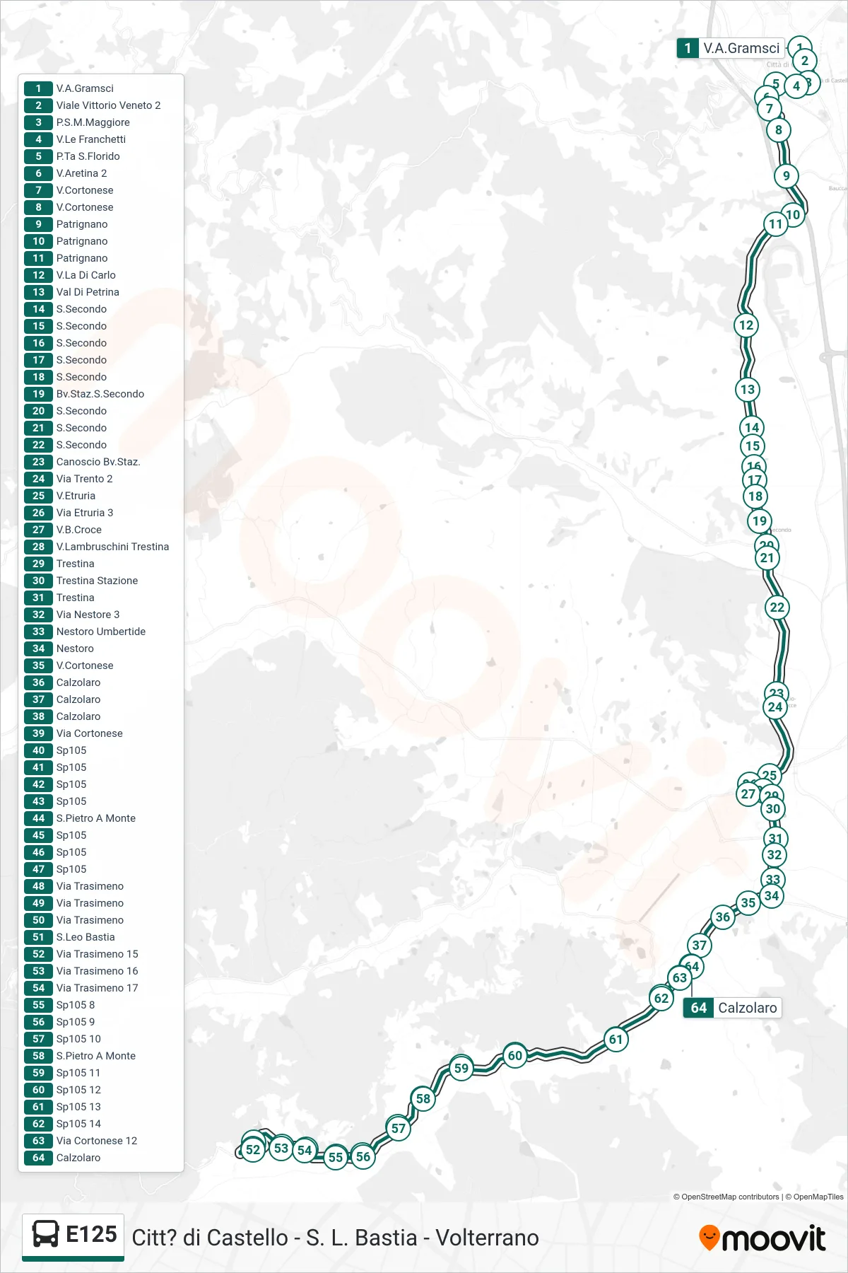 Linea E125  bus (V.A.Gramsci‎→Calzolaro) - Percorsi e fermate sulla mappa