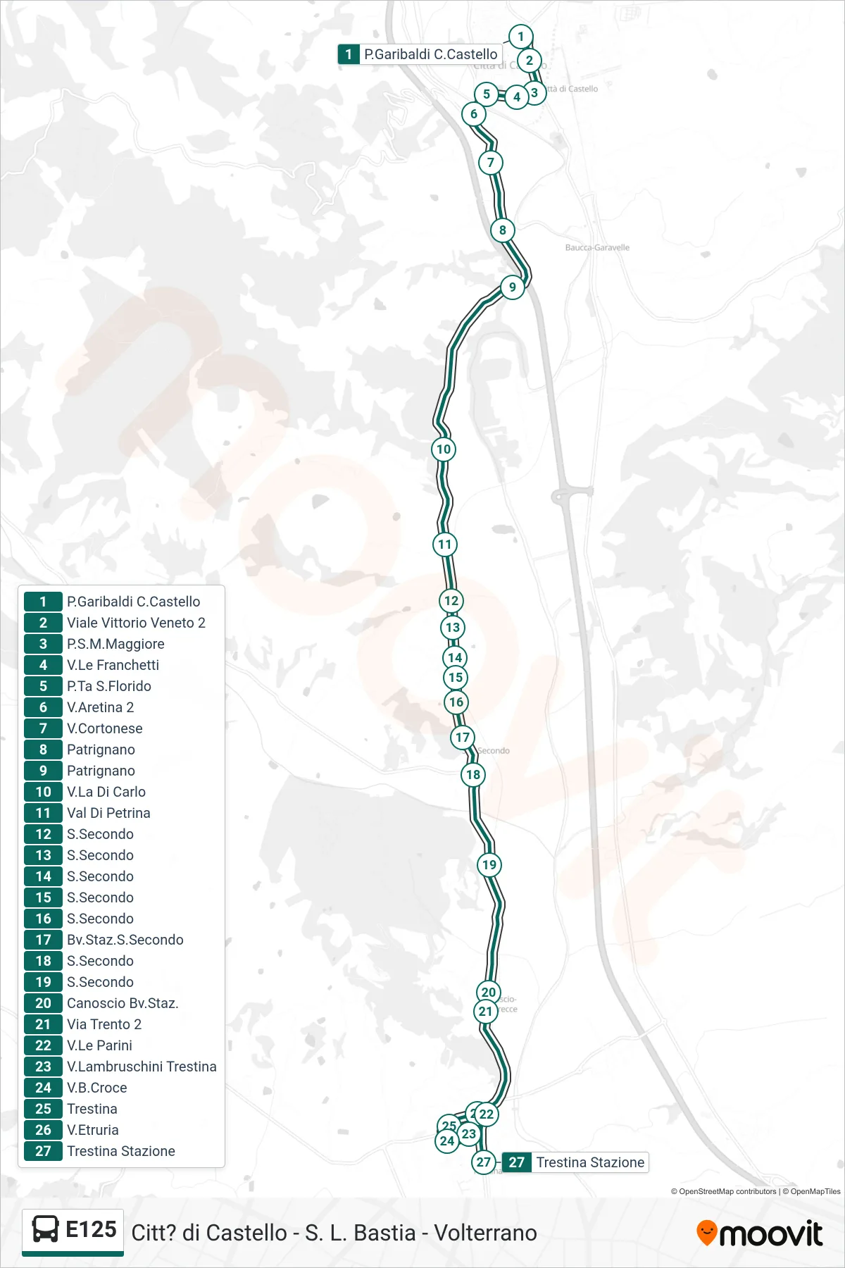 Linea E125 bus (P.Garibaldi C.Castello→Trestina Stazione) - Percorsi e fermate sulla mappa