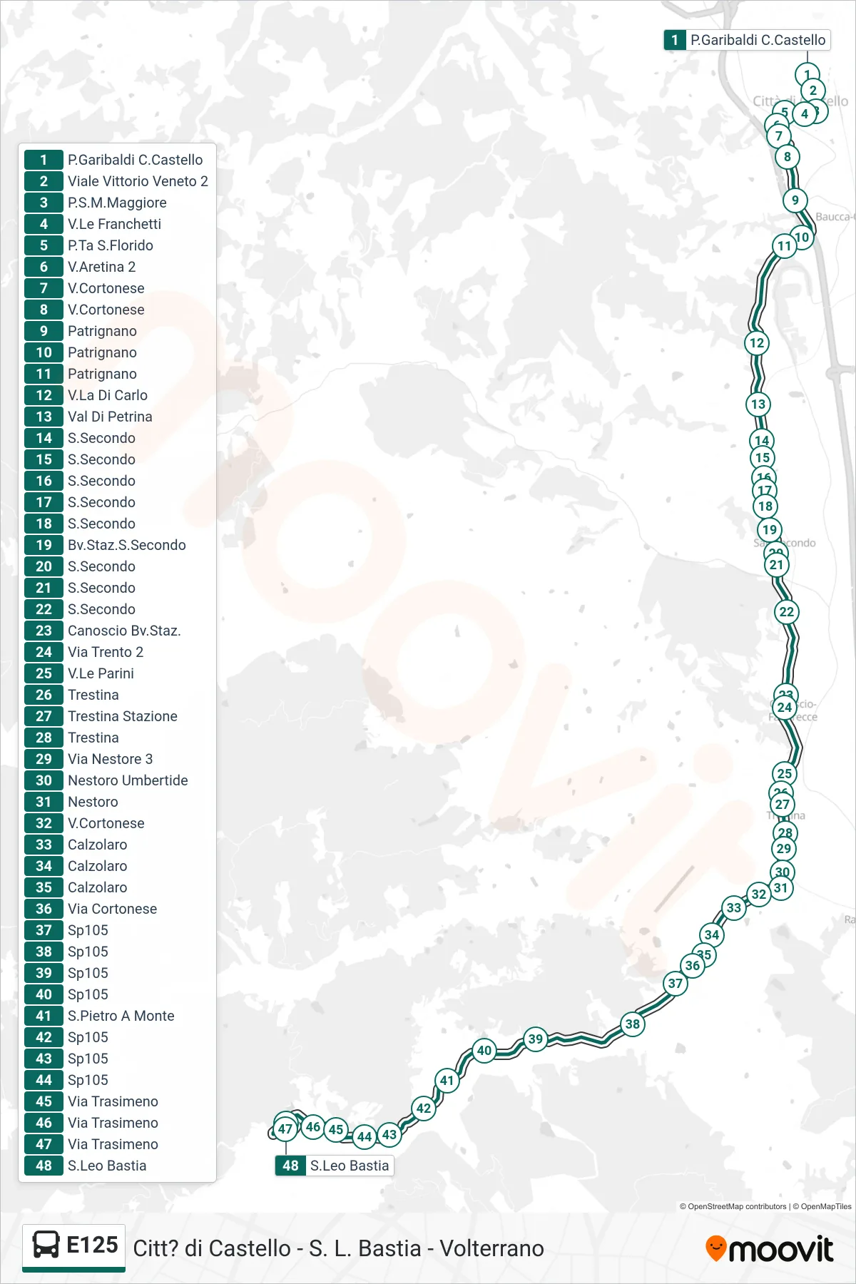Linea E125 bus (P.Garibaldi C.Castello→S.Leo Bastia) - Percorsi e fermate sulla mappa
