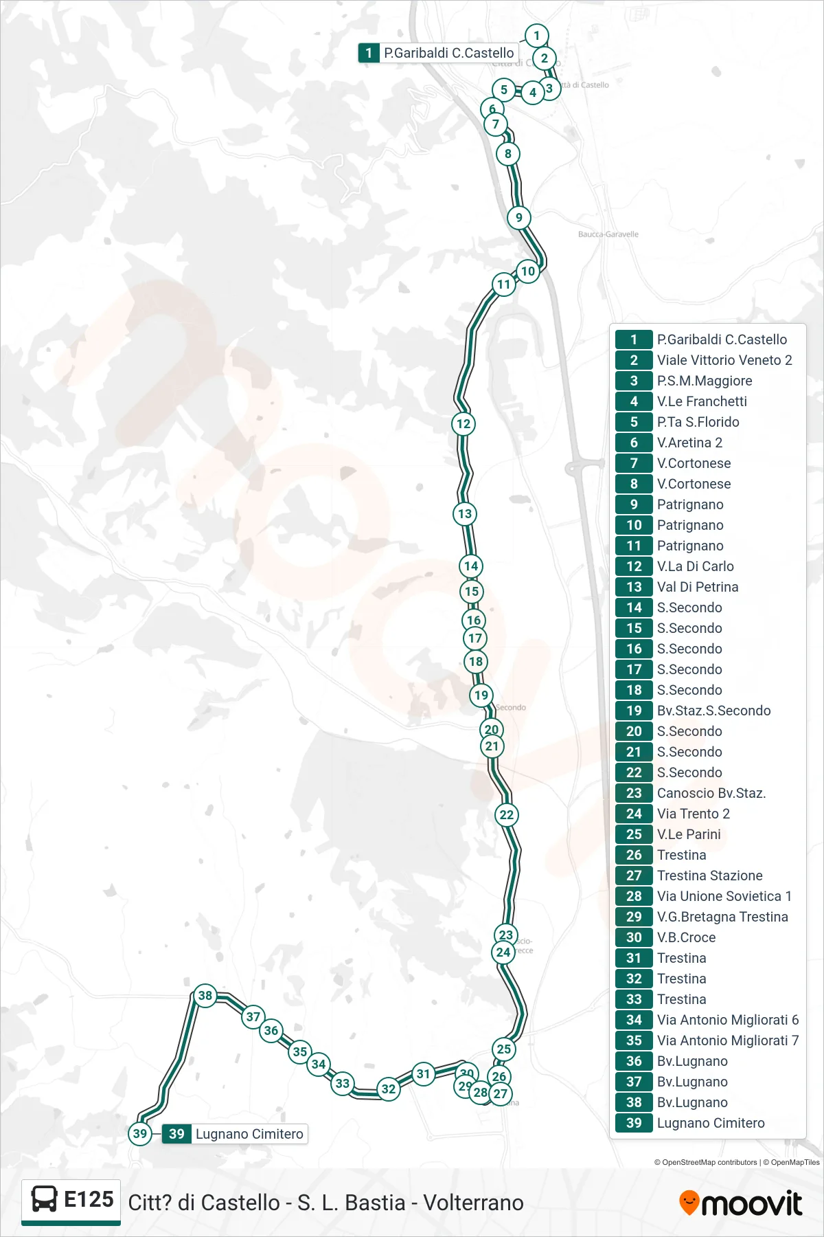 E125 bus Line (Garibaldi Square Citta di Castello→Lugnano Cemetery) route and stops on a map