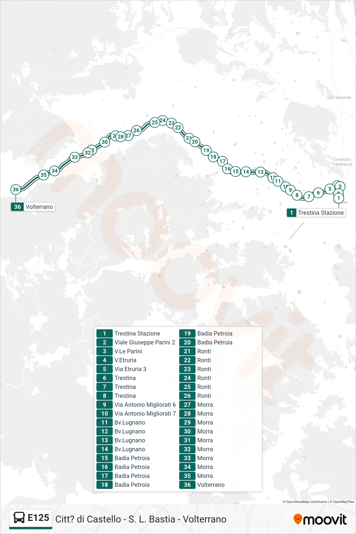 Linea E125 bus (Trestina Stazione→Volterrano) - Percorsi e fermate sulla mappa